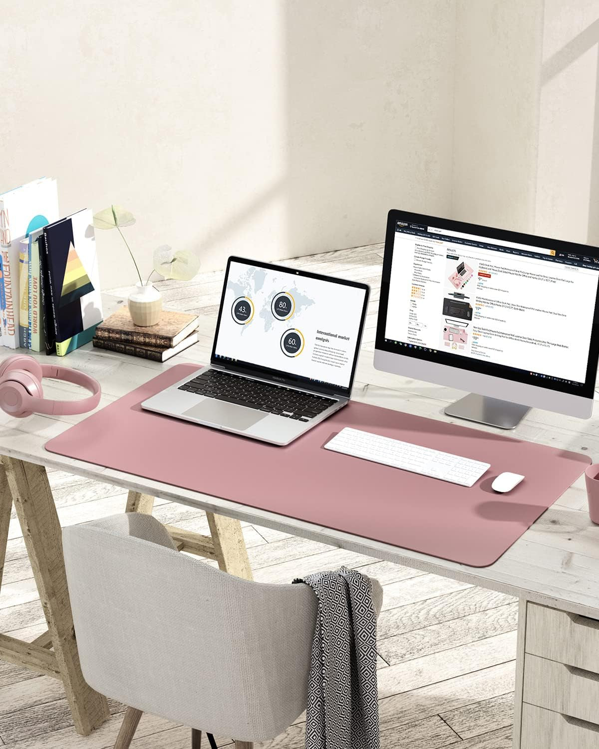 Non-Slip Desk Pad, Waterproof PVC Leather Desk Table Protector, Ultra Thin Large Mouse Pad, Easy Clean Laptop Desk Writing Mat for Office Work/Home/Decor(Dark Pink, 35.4" X 17")
