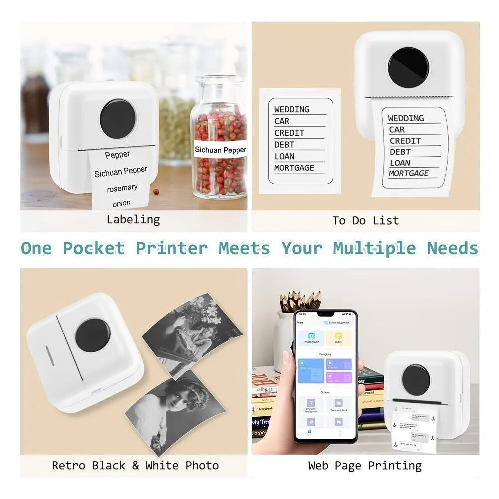 Pocket Printer Wireless BT Thermal Printers with 1 Rolls Printing Paper and 1200Mah Battery, Portable Inkless Printer