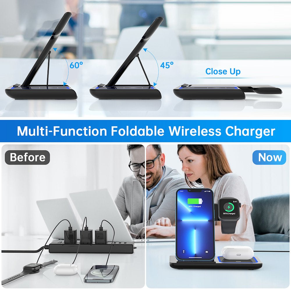 3 in 1 Wireless Charger, 18W Fast Charger Pad Stand Charging Station Dock for Iwatch Series SE 8/7/6/5/4/3 Airpods Pro/3/2 for Iphone 15/14/13/12 /11/Pro Max/12 Mini /XR (With QC3.0 Adapter)