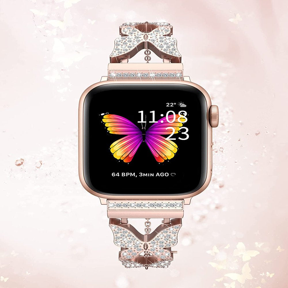 Bling Bands Apple Watch Bands 38Mm 40Mm 41Mm Women Girls,Butterfly Metal Jewelry Adjustable Bracelet for Iwatch Series SE 7 6 5 4 3 2 1(Rose Gold)