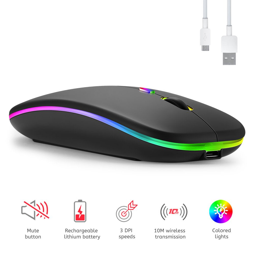 LED Wireless Mouse, Rechargeable Slim Silent Mouse 2.4G Portable Mobile Optical Office Mouse with USB