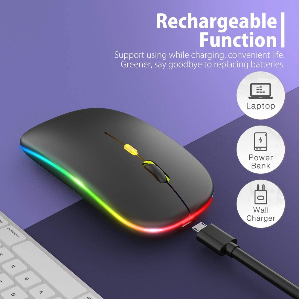 LED Wireless Mouse, Rechargeable Slim Silent Mouse 2.4G Portable Mobile Optical Office Mouse with USB