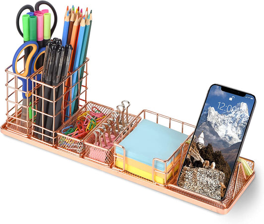Desk Organizer, Mesh Office Supplies Desk Organizers and Accessories with Trays, DIY Desktop Organization with Adjustable Pen Holder, Multifunctional Organizers Set for Office Home, Rose Gold