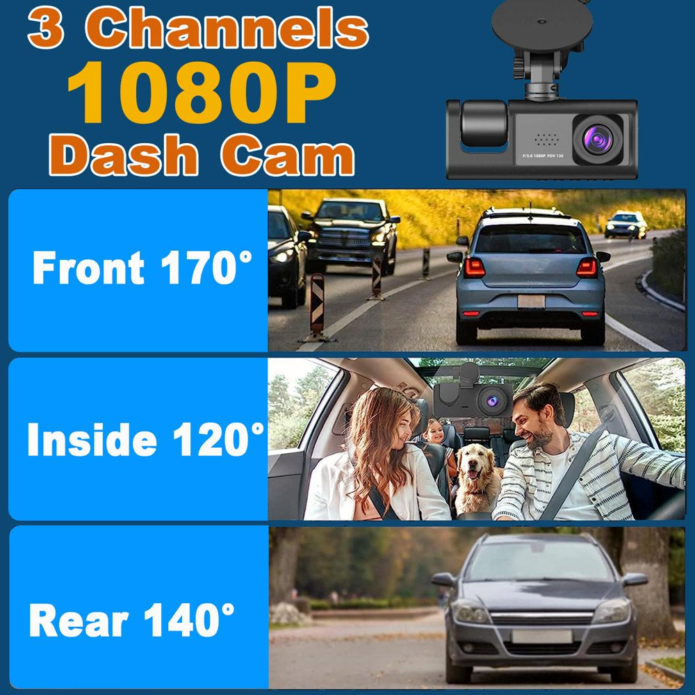 Dash Cam, 3 Channel Dash Cam Front and Rear Inside,1080P Full HD 170 Deg Wide Angle Dashboard Camera, Night Vision, WDR, Accident Lock, Loop Recording, Parking Monitor
