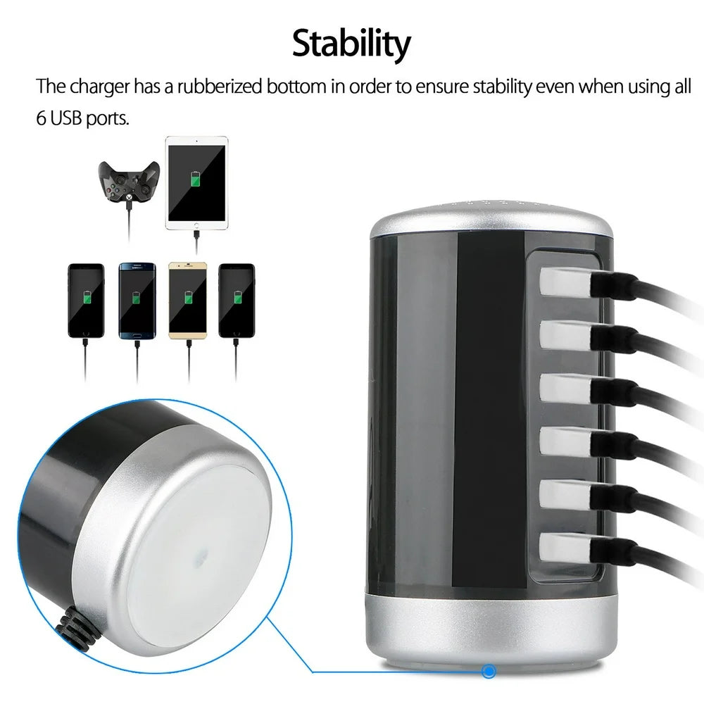 6 USB Ports Hub 6A/30W Rapid Charging Station Desktop Charger Fits for Phone Tablet Iphone Ipad Samsung LG HTC Moto